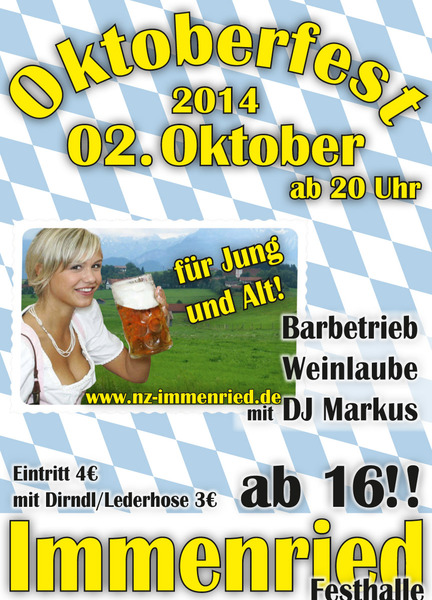 Party Flyer: Oktoberfest 2014 der Narrenzunft Immenried e.V. am 02.10.2014 in Kilegg