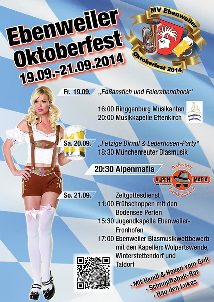 Party Flyer: Ebenweiler Oktoberfest 19.09. bis 21.09.2014 - MVE am 20.09.2014 in Ebenweiler