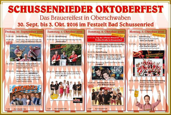 Party Flyer: SCHUSSENRIEDER Oktoberfest vom 30.9. bis 03.10.2016 am 01.10.2016 in Bad Schussenried