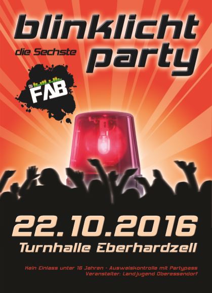 Party Flyer: Blincklicht-Party am 22.10.2016 in Eberhardzell