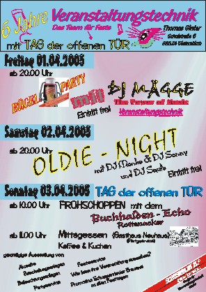 Party Flyer: BÜGELPARTY mit DJ MÄGGE am 01.04.2005 in Uttenweiler