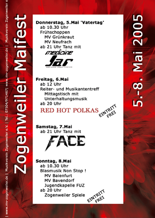 Party Flyer: Zogenweiler Maifest 2005 - MEDICINE JAR am 05.05.2005 in Horgenzell