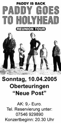 Party Flyer: PADDY GOES TO HOLYHEAD Live In Oberteuringen am 10.04.2005 in Oberteuringen