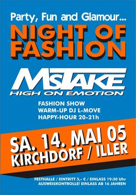 Party Flyer: NIGHT OF FASHION mit MsTake am 14.05.2005 in Kirchdorf an der Iller