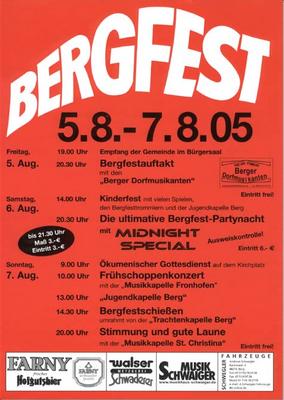 Party Flyer: BERGFEST-PARTYNACHT (bis 21.30Uhr nur 3 Eintritt und Maß Bier 3) am 06.08.2005 in Berg