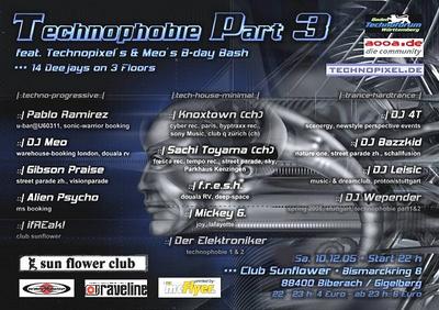 Party Flyer: TECHNOPHOBIE Part3  with Technopixel's & Meo's B.-Day Party am 10.12.2005 in Biberach an der Ri