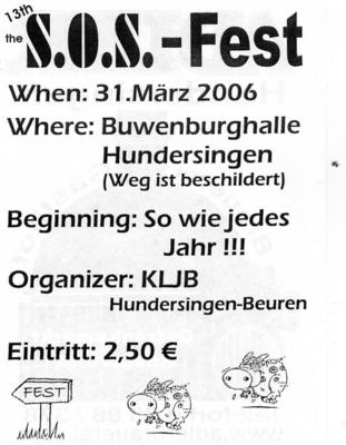 Party Flyer: SOS-FEST Hundersingen am 31.03.2006 in Herbertingen