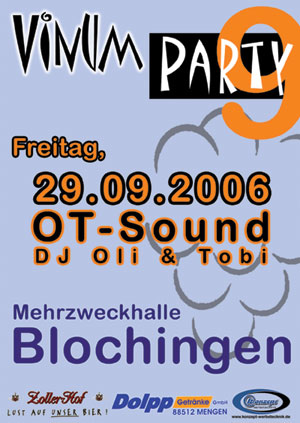 Party Flyer: 9. Vinum-Party in Blochingen am 29.09.2006 in Mengen