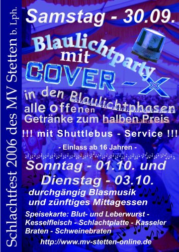 Party Flyer: Blaulicht-Party mit Cover-X am 30.09.2006 in Achstetten