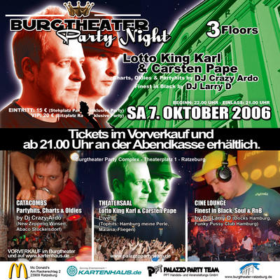 Party Flyer: Burgtheater Party Night - Lotto King Karl & Carsten Pape am 07.10.2006 in Ratzeburg