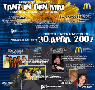 Party Flyer: Tanz in den Mai - 3 Bands - 3 Djs - 3 Floors am 30.04.2007 in Ratzeburg