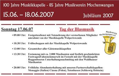 Party Flyer: Tag der Blasmusik mit groem Festumzug am 17.06.2007 in Wolpertswende