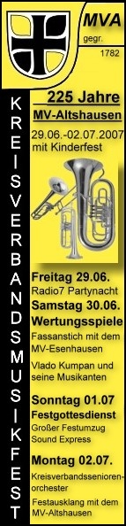 Party Flyer: 33. Kreisverbandsmusikfest mit Kinderfest vom 29.06.-02.07.2007 am 01.07.2007 in Altshausen