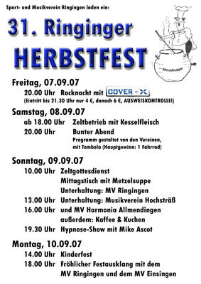 Party Flyer: 31. Ringinger Herbstfest am 07.09.2007 in Erbach