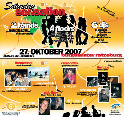 Party Flyer: Saturday Sensation im Burgtheater am 27.10.2007 in Ratzeburg