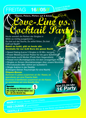 Party Flyer: Love Line vs. Cocktail Party am 16.05.2008 in Mlln