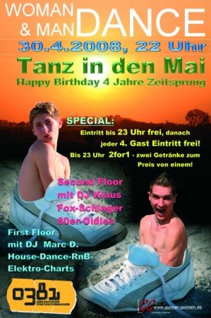 Party Flyer: WOMAN & MAN Dance - 4 Jahre Zeitsprung Partys am 30.04.2008 in Rostock