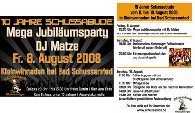 Party Flyer: 10 Jahre Schussabude Kleiweniga mit DJ Matze am 08.08.2008 in Bad Schussenried