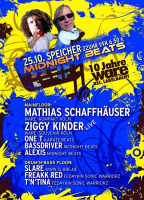 Party Flyer: Midnight Beats @ 10 Jahre "Ware Rec." Label Nacht am 25.10.2008 in Rostock