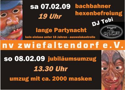 Party Flyer: NZ Zwiefaltendorf - Die Jahrhundertparty- 100 Jahre Bachbahner - mit DJ Tobi am 07.02.2009 in Riedlingen