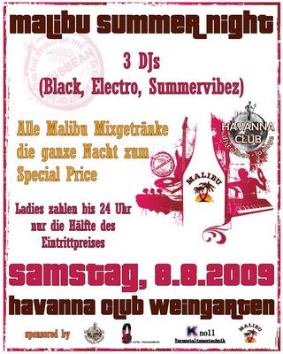 Party Flyer: Malibu Summer Night am 08.08.2009 in Weingarten