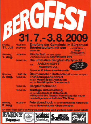 Party Flyer: BERGFEST-PARTYNACHT mit Midnight Special 4 bis 21.30 Uhr!! am 01.08.2009 in Berg