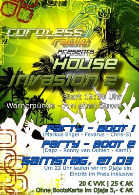 Party Flyer: House Boat Invasion 2 - 2 Jahre Cordless Radio am 27.03.2010 in Rostock