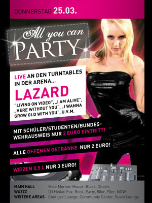 Party Flyer: ARENA Gnzburg - All you can Party mit Lazard am 25.03.2010 in Gnzburg (Kreisstadt)