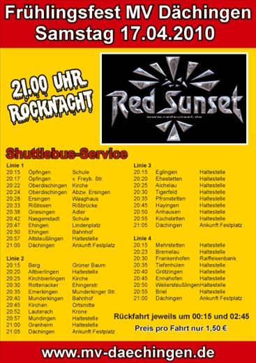 Party Flyer: RED SUNSET im Festzelt Dchingen (UL) am 17.04.2010 in Ehingen a.d. Donau