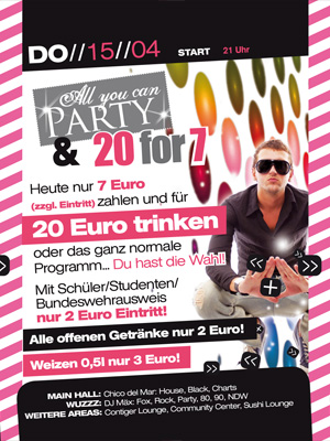 Party Flyer: ARENA Günzburg - All you can Party & 20 for 7 am 15.04.2010 in Günzburg (Kreisstadt)