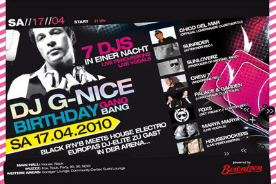 Party Flyer: ARENA Gnzburg - DJ G-NICE Birthday Gang Bang am 17.04.2010 in Gnzburg (Kreisstadt)