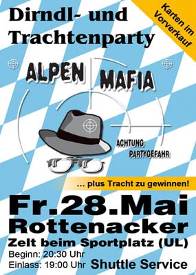 Party Flyer: Trachtenparty mit Alpenmafia am 28.05.2010 in Rottenacker