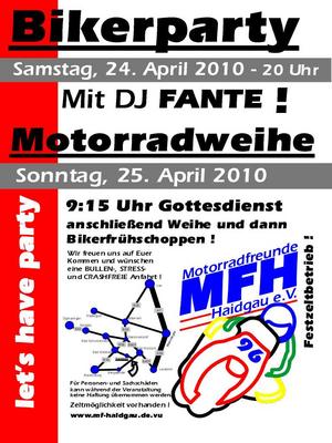 Party Flyer: Motorradweihe in Haidgau am 25.04.2010 in Bad Wurzach
