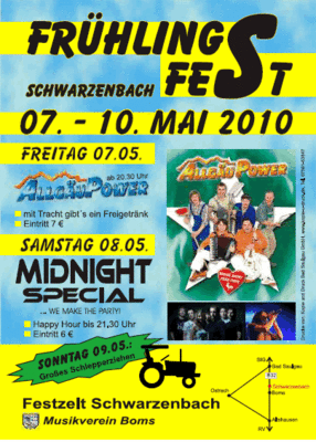 Party Flyer: Zeltfest in Schwarzenbach (B32 zw. Bad Saulgau und Altshausen) am 07.05.2010 in Boms