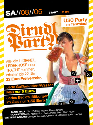 Party Flyer: ARENA Gnzburg - Dirndl Party am 08.05.2010 in Gnzburg (Kreisstadt)