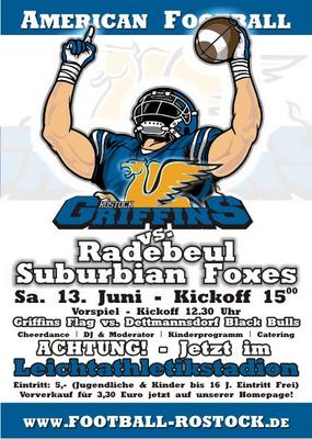 Party Flyer: Rostock Griffins vs. Radebeul Suburbian Foxes am 13.06.2010 in Rostock