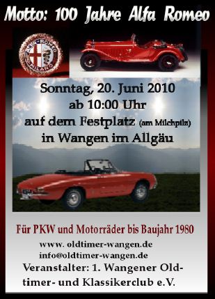 Party Flyer: 11. Internationalen Oldtimertreffen am 20.06.2010 in Wangen im Allgu