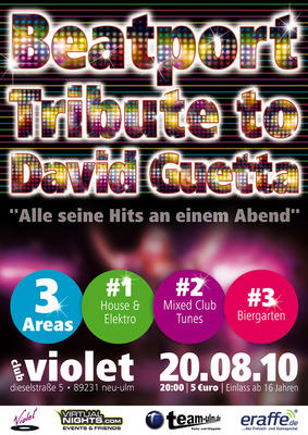 Party Flyer: 16 Party "Tribute to David Guetta" @ Club Violet am 20.08.2010 in Neu-Ulm