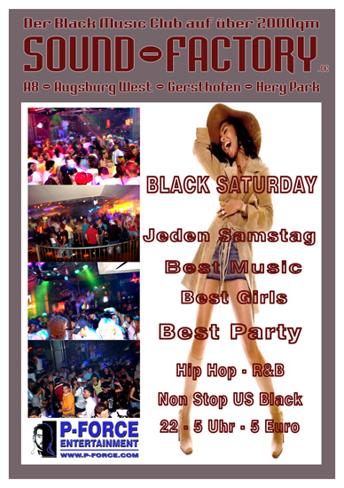 Party Flyer: Black Saturday @ Sound Factory am 14.08.2010 in Gersthofen