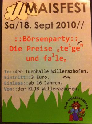Party Flyer: Maisfest in der Turnhalle Willerazhofen am 18.09.2010 in Leutkirch im Allgu