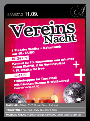 Party Flyer: ARENA Gnzburg - Vereins Nacht am 11.09.2010 in Gnzburg (Kreisstadt)
