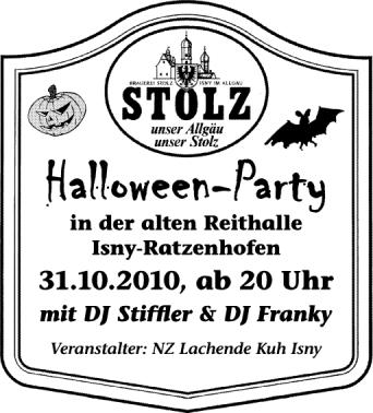 Party Flyer: Halloween Party in der alten Reithalle in Isny-Ratzenhofen am 31.10.2010 in Isny im Allgu
