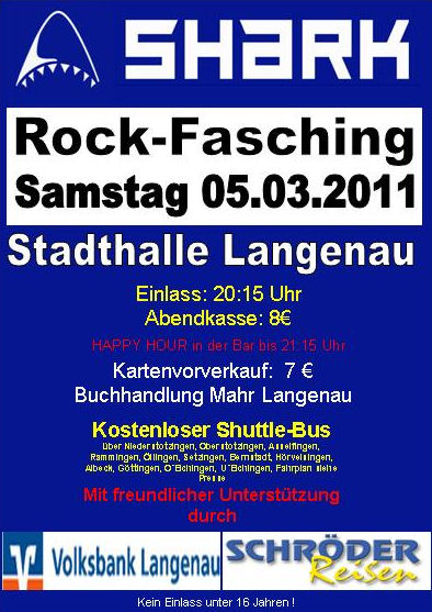 Party Flyer: Rock-Fasching mit Shark in Langenau am 05.03.2011 in Langenau