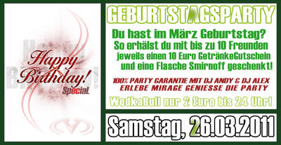Party Flyer: Geburtstagsparty @ Mirage am 26.03.2011 in Senden