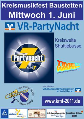 Party Flyer: Kreismusikfest 2011: VR-PartyNacht mit Radio7 und Timewarp am 01.06.2011 in Laupheim