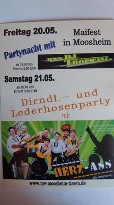 Party Flyer: Partynacht mit DJ Tropicana beim Maifest in Moosheim am 20.05.2011 in Bad Saulgau