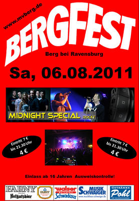 Party Flyer: BERGFEST-PARTYNACHT mit Midnight Special 4 bis 21.30 Uhr!! am 06.08.2011 in Berg