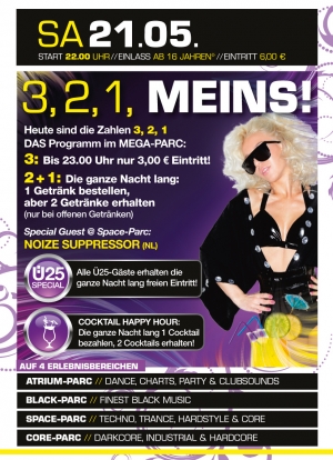 Party Flyer: 3, 2, 1, Meins! @ MEGA-PARC Lbeck am 21.05.2011 in Lbeck