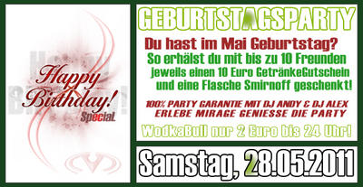 Party Flyer: Geburtstagsparty @ Mirage am 28.05.2011 in Senden
