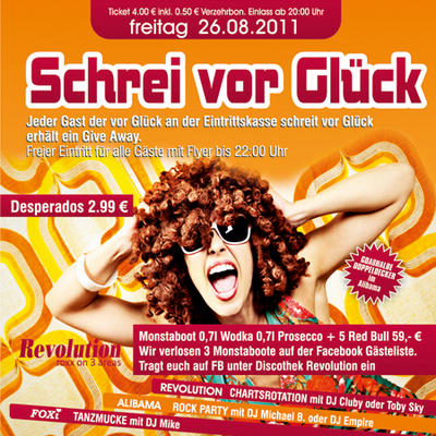 Party Flyer: Schrei vor Glck am 26.08.2011 in Teisnach